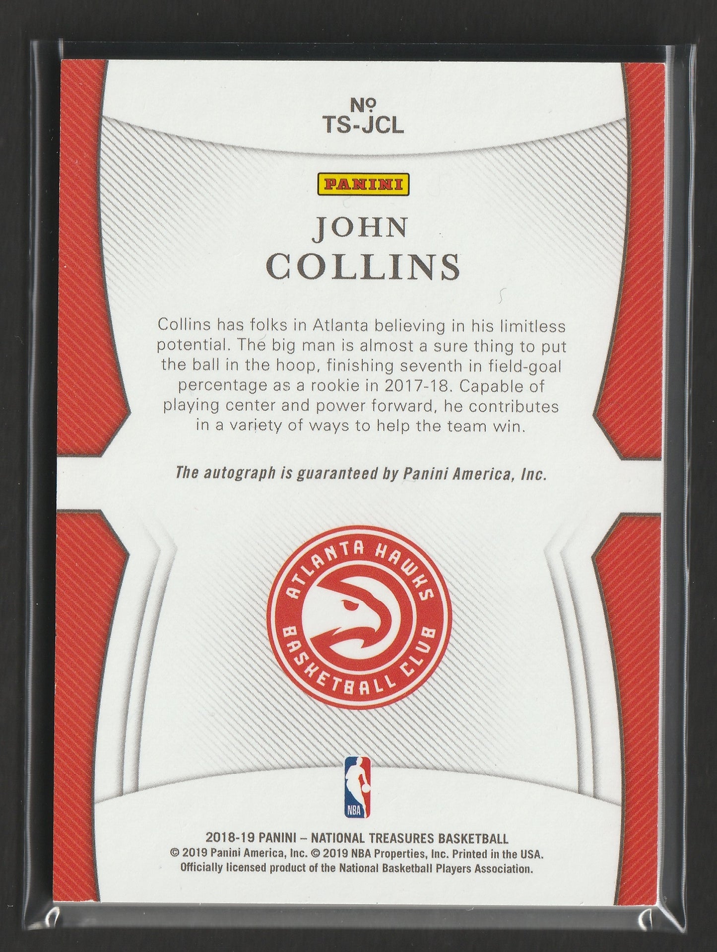 John Collins 2018/19 Panini National Treasures On Card Auto 22/99 #TS-JCL Fiedler24