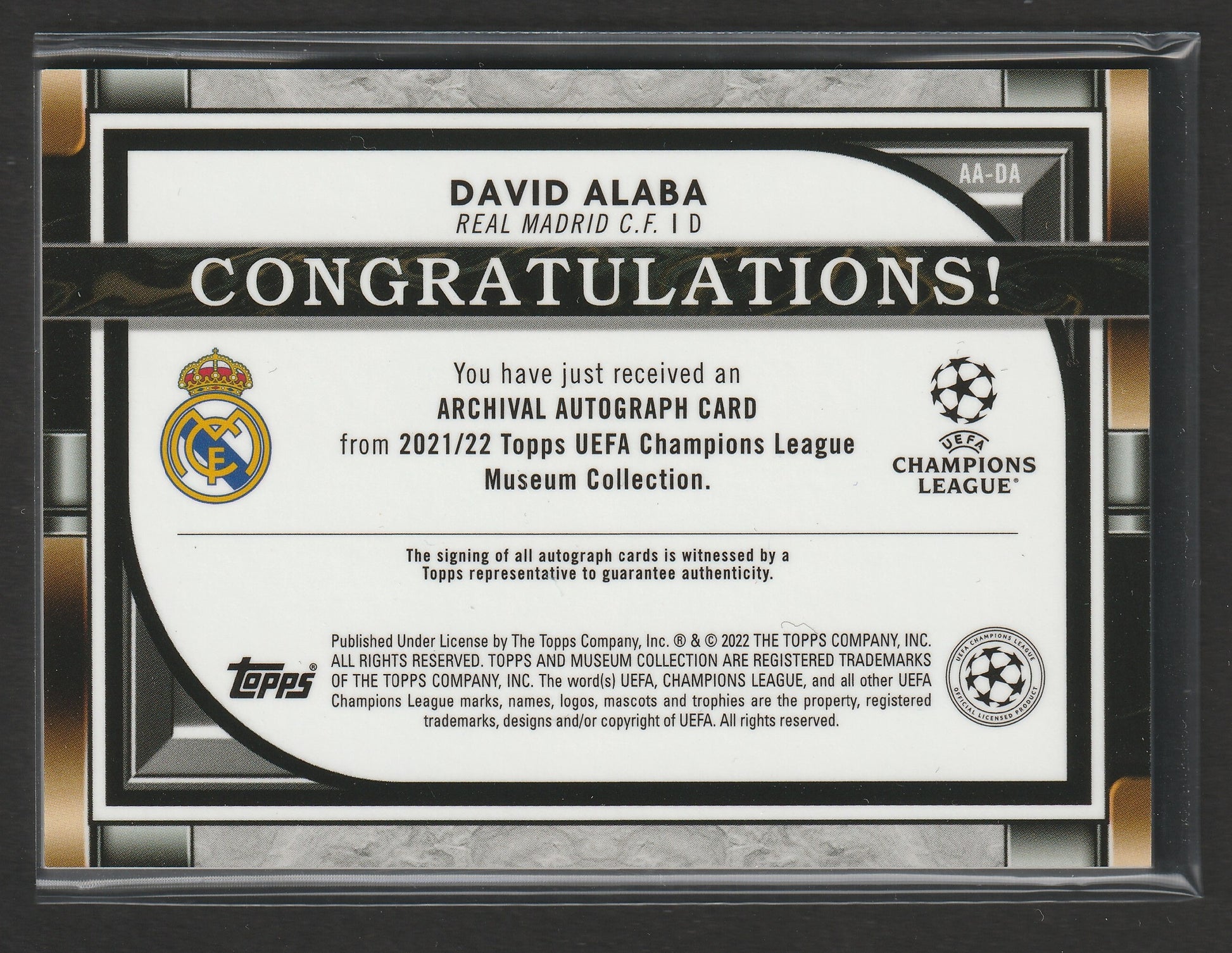 David Alaba 2021-22 Topps Museum Collection UCL Auto 130/299 #AA-DA - Fiedler24