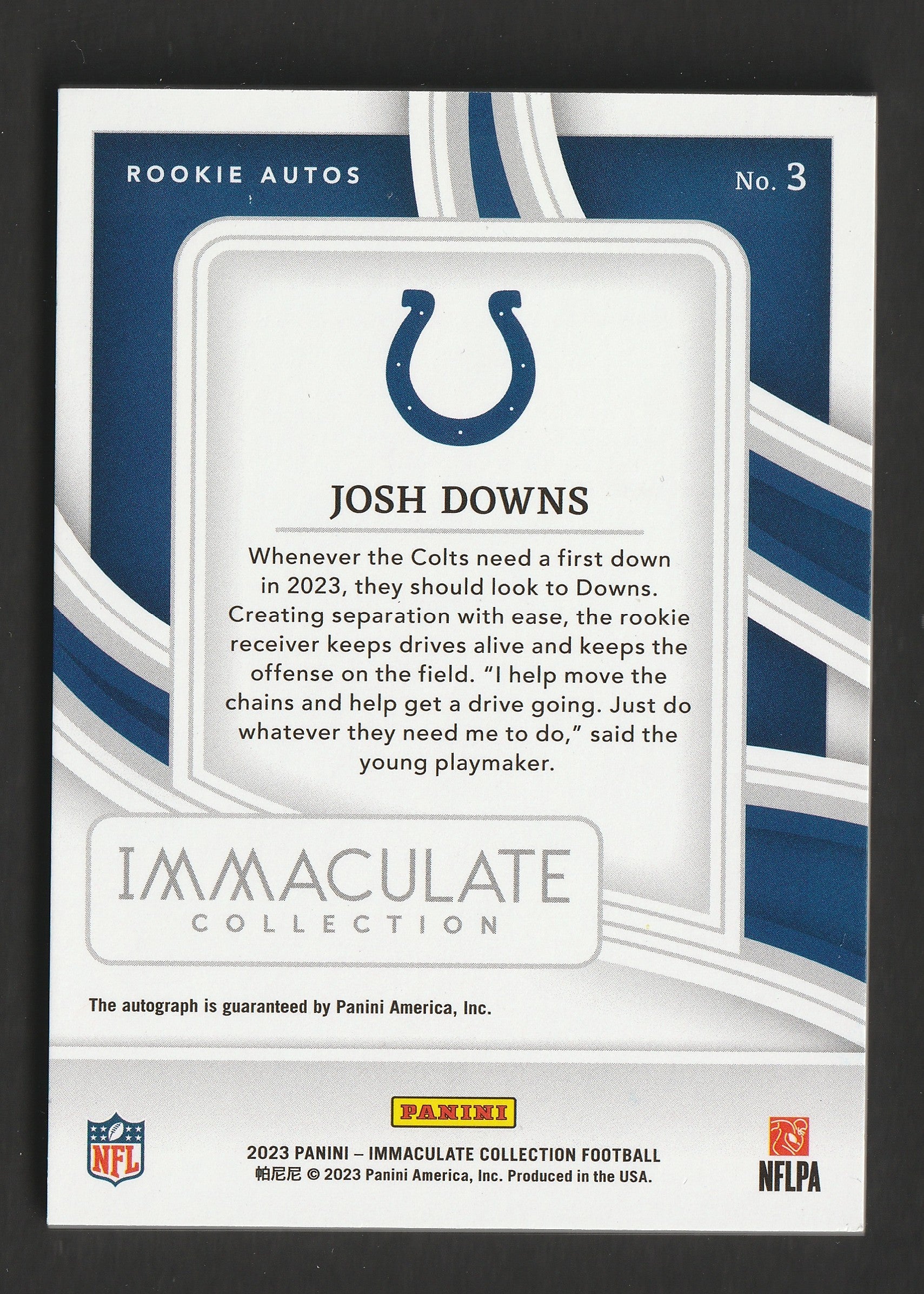 Josh Downs 2023 Panini Immaculate Collection Rookie Autographs 11/99 #3 - Fiedler24