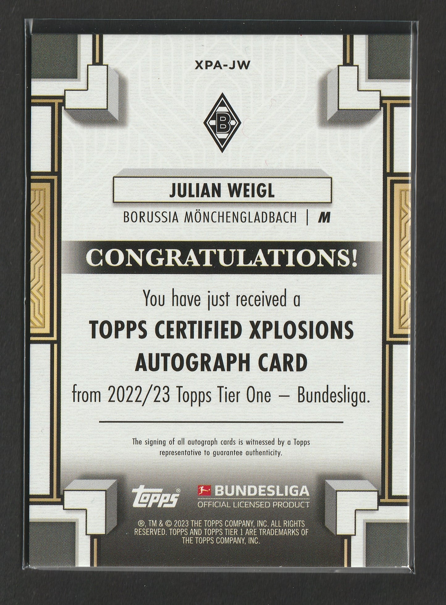 Julian Weigl 2022-23 Topps Tier One Bundesliga Xplosion Autographs 049/120 #XPA-JW - Fiedler24