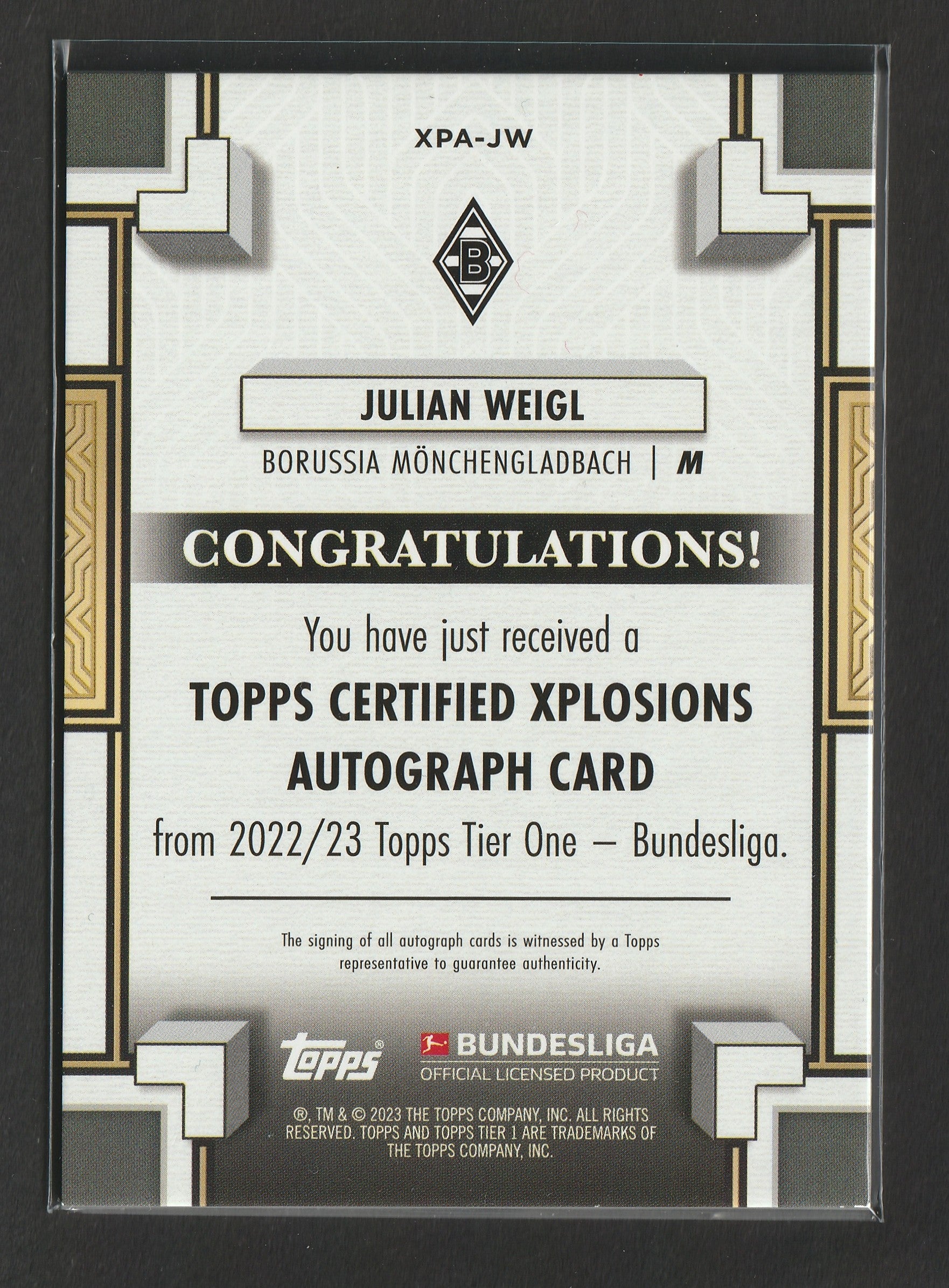 Julian Weigl 2022-23 Topps Tier One Bundesliga Xplosion Autographs 049/120 #XPA-JW - Fiedler24