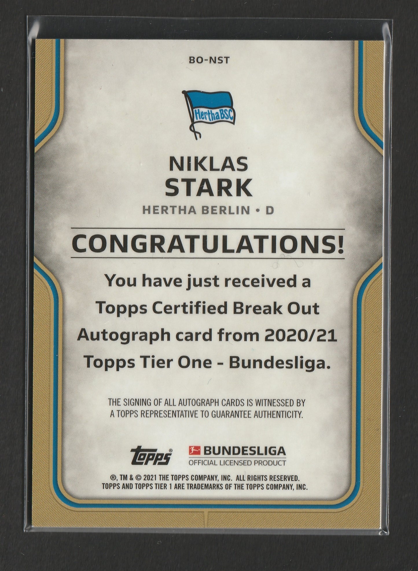 Niklas Stark 2021 Topps Tier One Bundesliga Break Out Auto 049/125 #BO-NST - Fiedler24