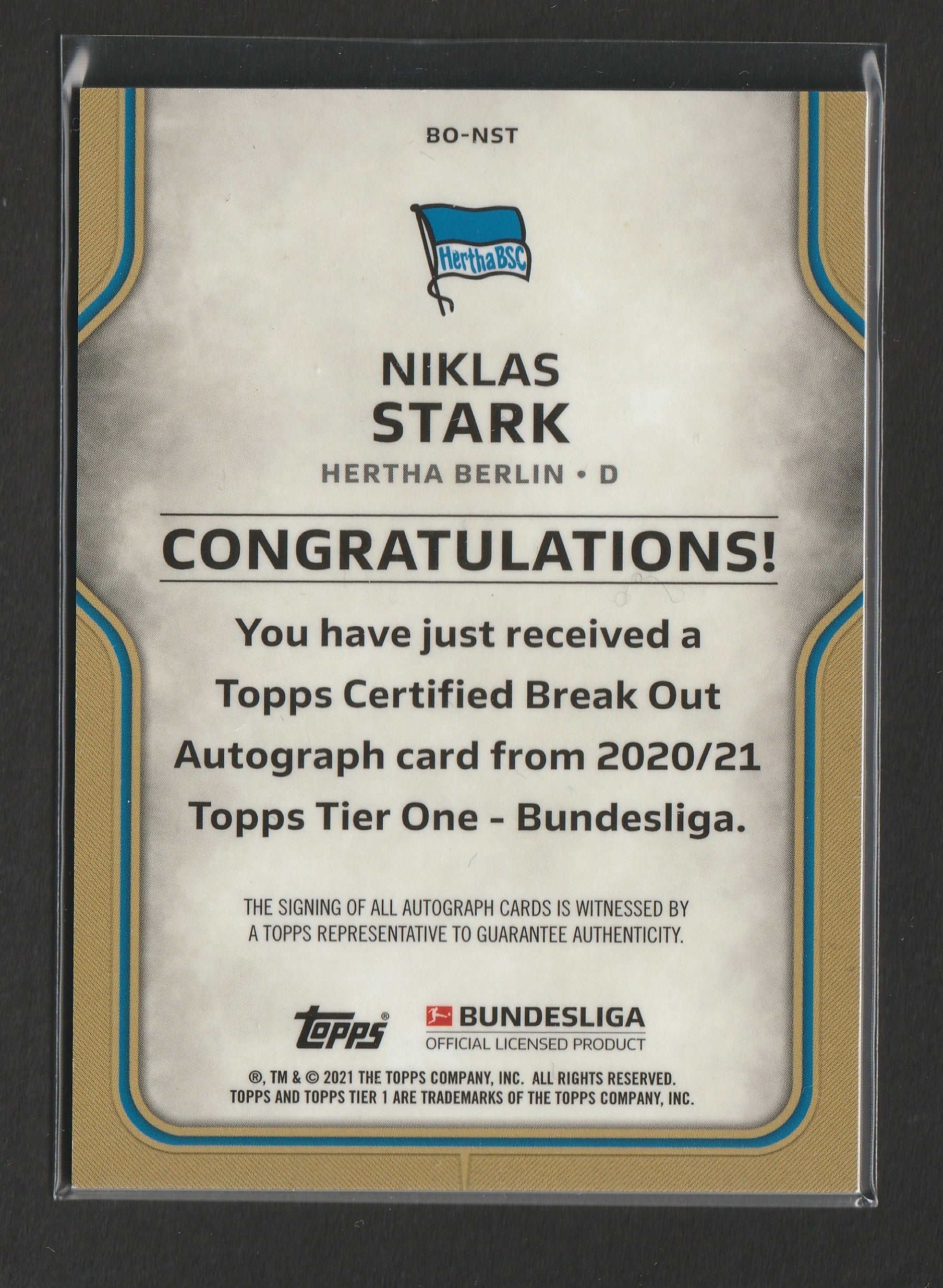 Niklas Stark 2021 Topps Tier One Bundesliga Break Out Auto 049/125 #BO-NST - Fiedler24