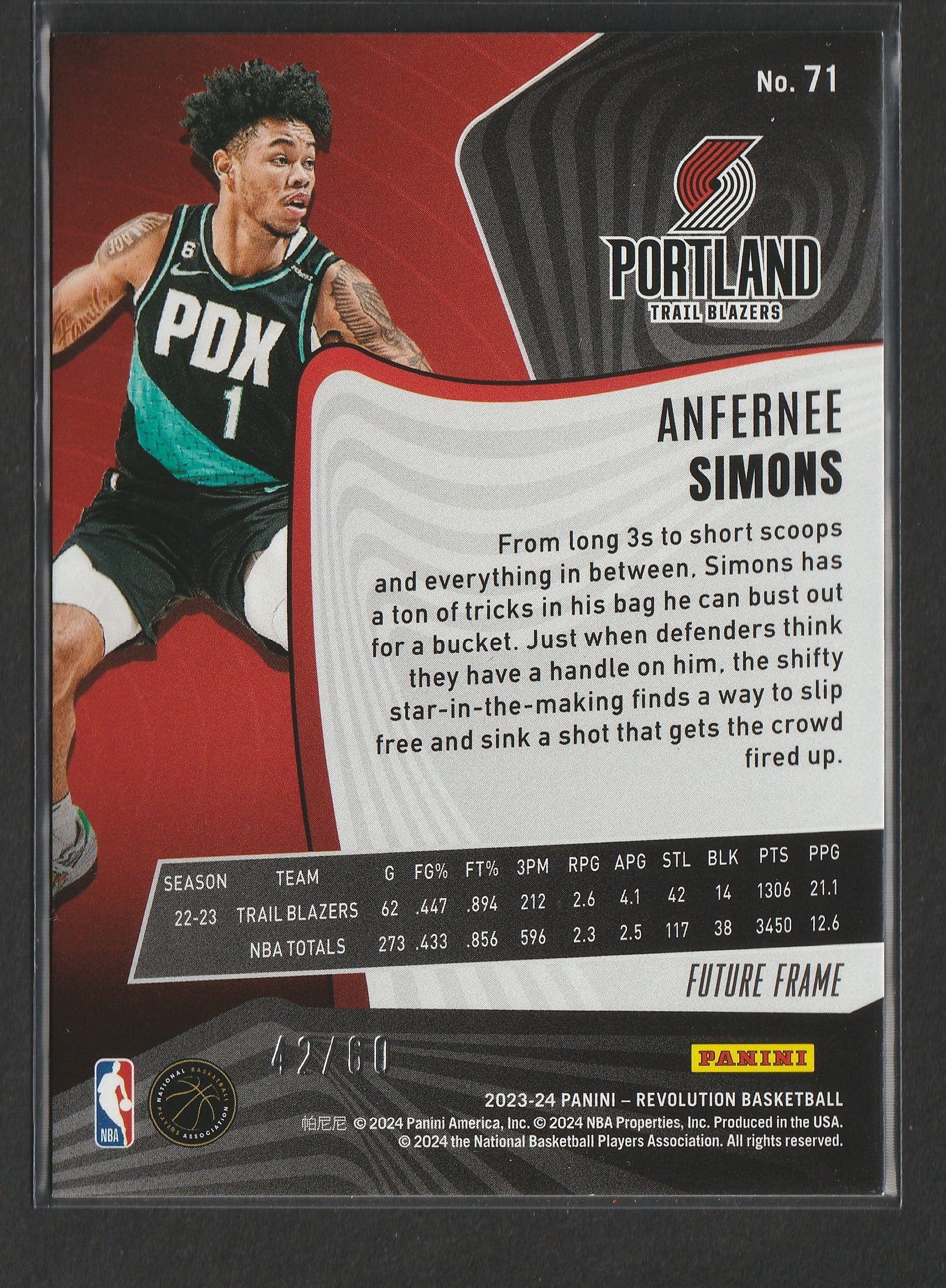 Anfernee Simons 2023/24 Panini Revolution Future Frame 42/60 #71 - Fiedler24