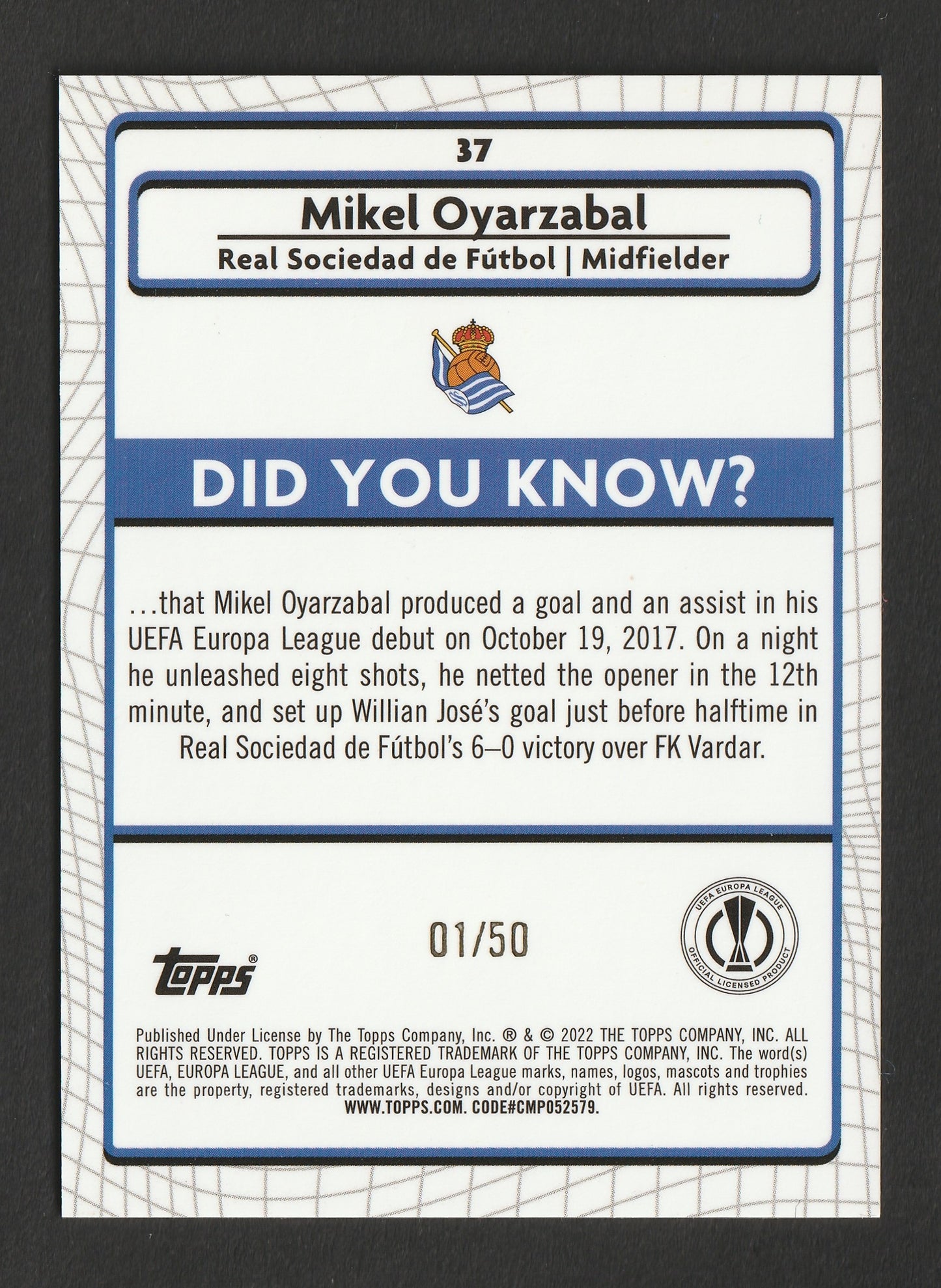 Mikel Oyarzabal 2021/22 Topps Merlin Collection Chrome UCL Gold Atomic Refractor 01/50 #37