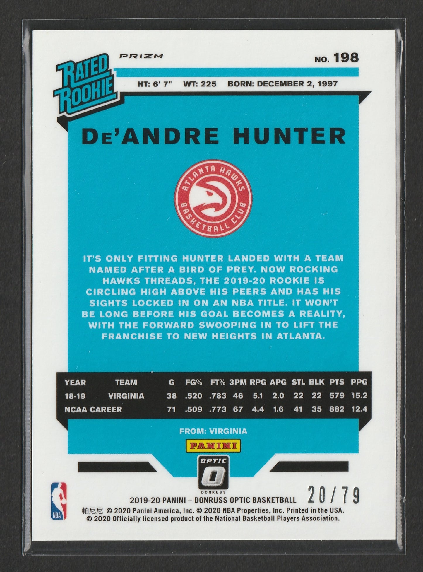 De'Andre Hunter 2019-20 Panini Donruss Optic Pink Velocity Prizm Rated Rookie 20/79 #198 - Fiedler24