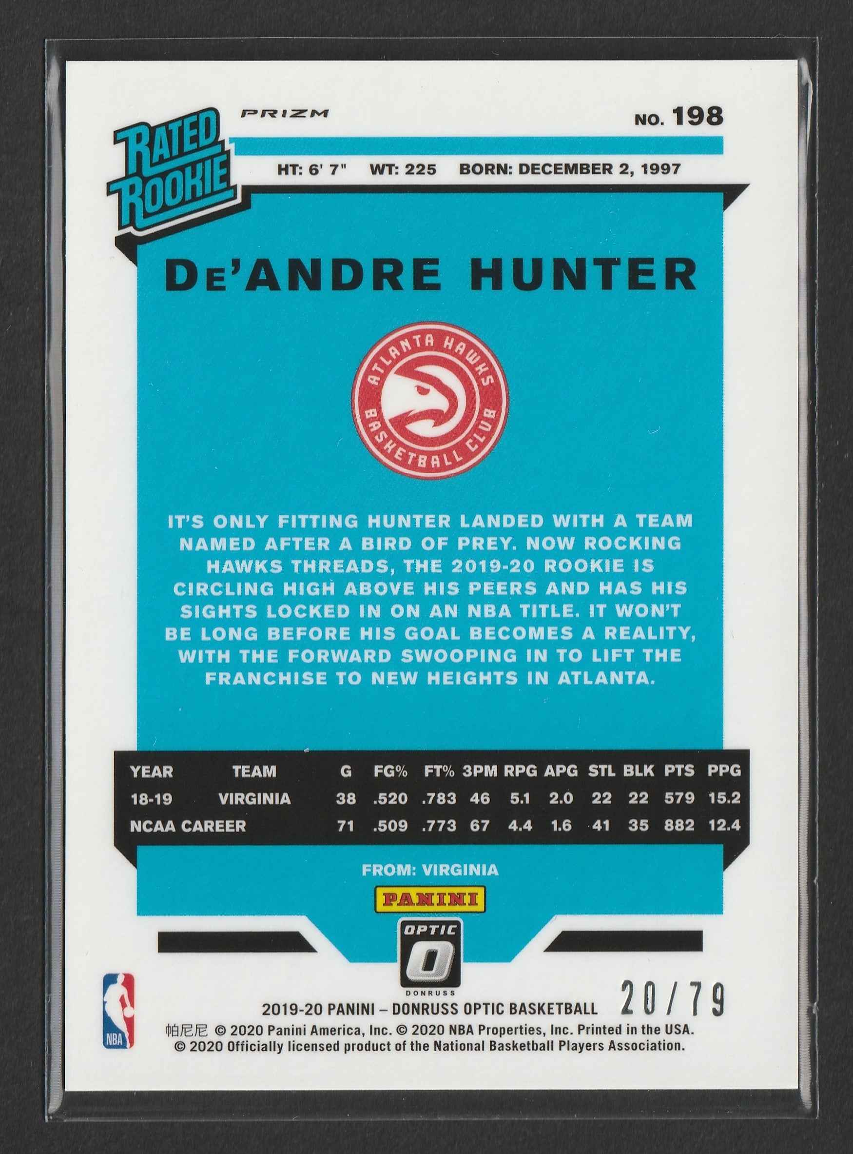 De'Andre Hunter 2019-20 Panini Donruss Optic Pink Velocity Prizm Rated Rookie 20/79 #198 - Fiedler24