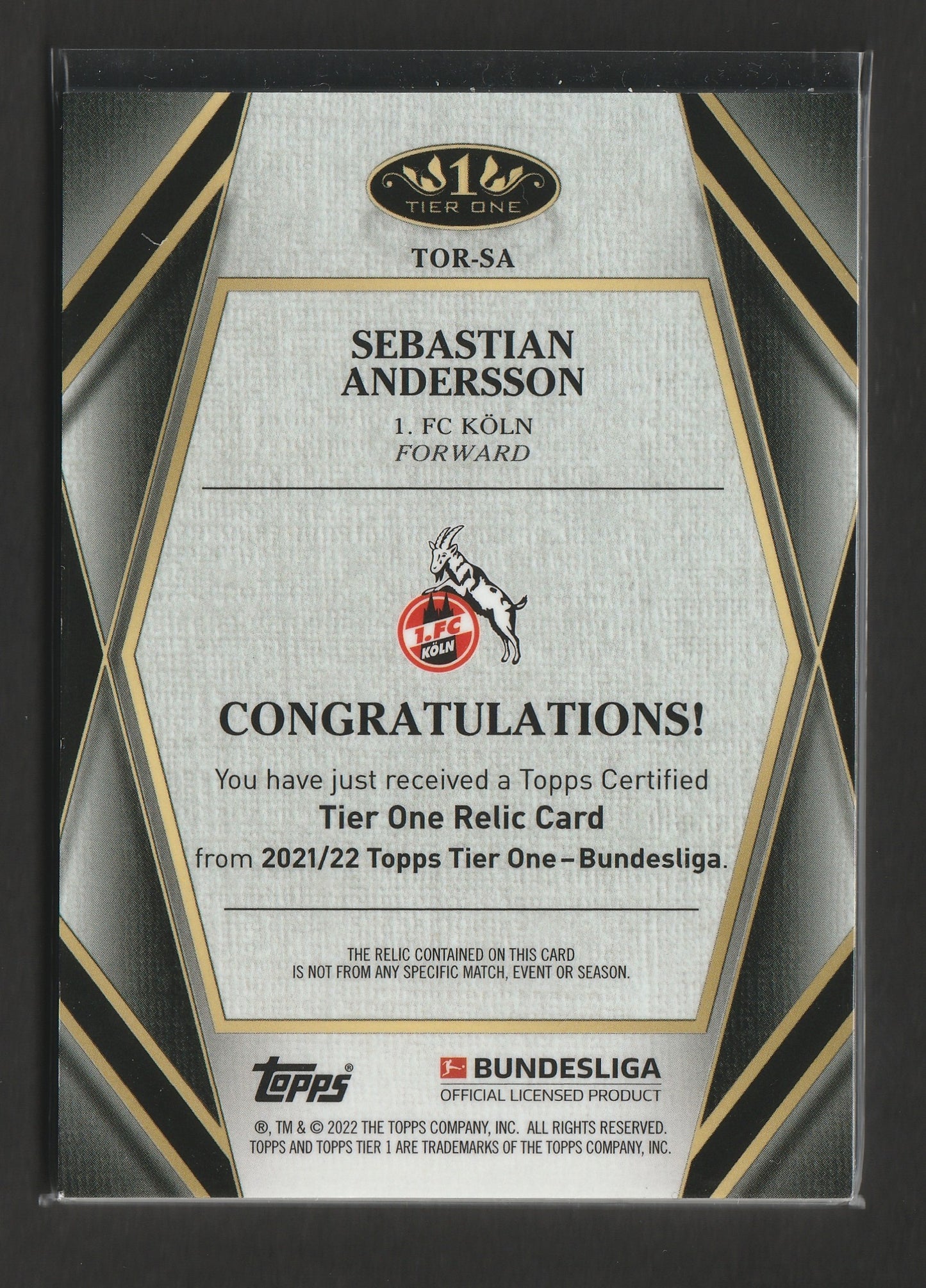 Sebastian Andersson 2021/22 Topps Tier One Bundesliga Relic Card 001/127 #TOR-SA