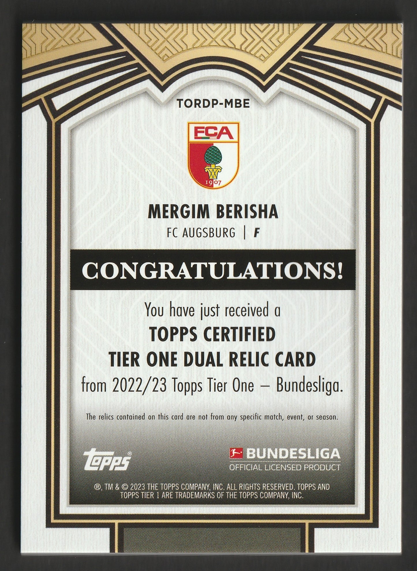 Mergim Berisha 2022/23 Topps Tier One Bundesliga Dual Relic 25/25 #TORDP-MBE