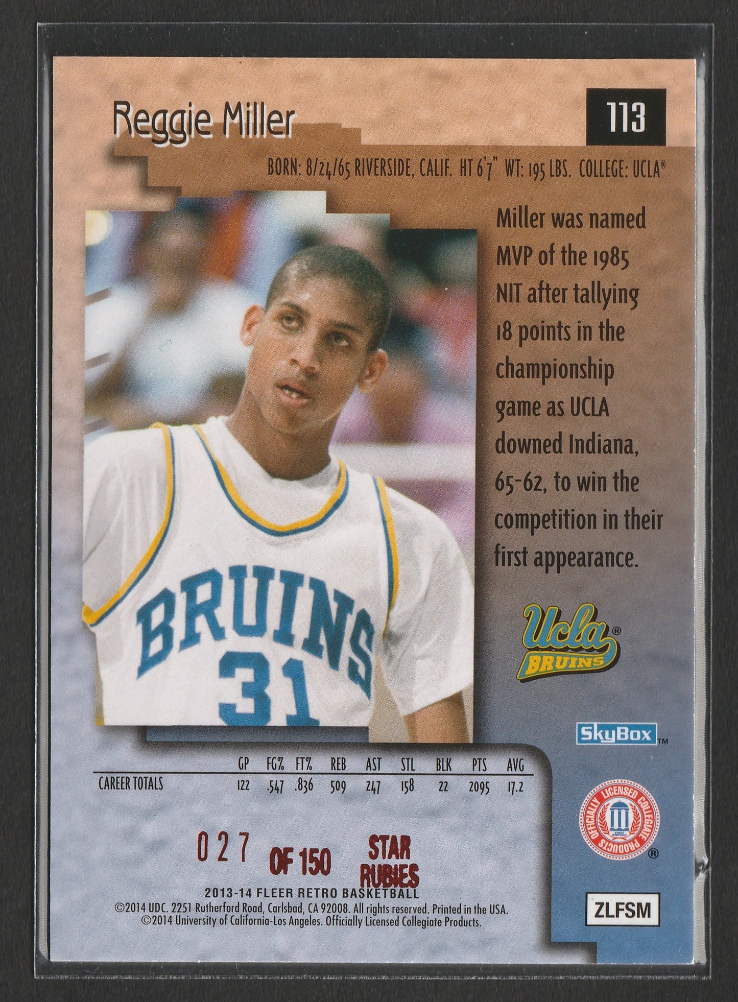 Reggie Miller 2013/14 Fleer Retro 1996/97 Skybox Premium Star Rubies 027/150 #113