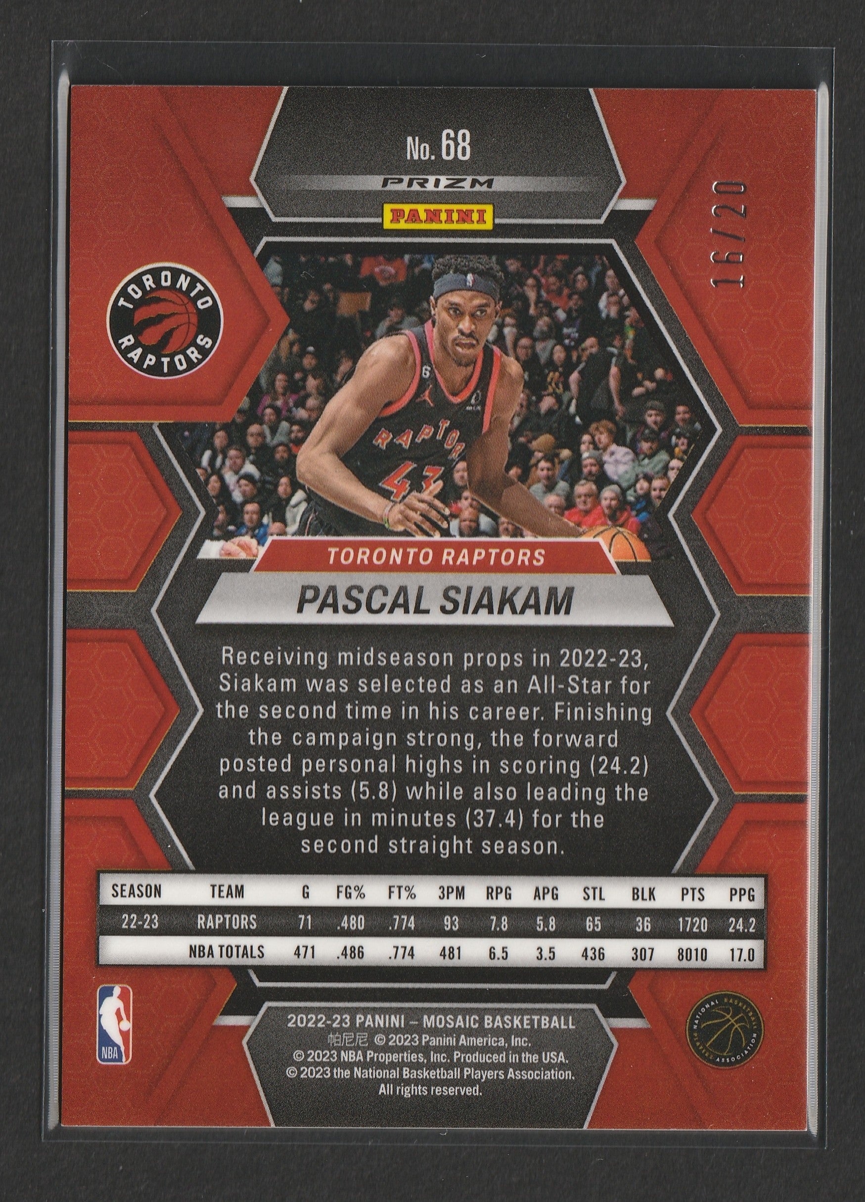 Pascal Siakam 2022-23 Panini Mosaic Fast Break Pink Prizm 16/20 #68 - Fiedler24