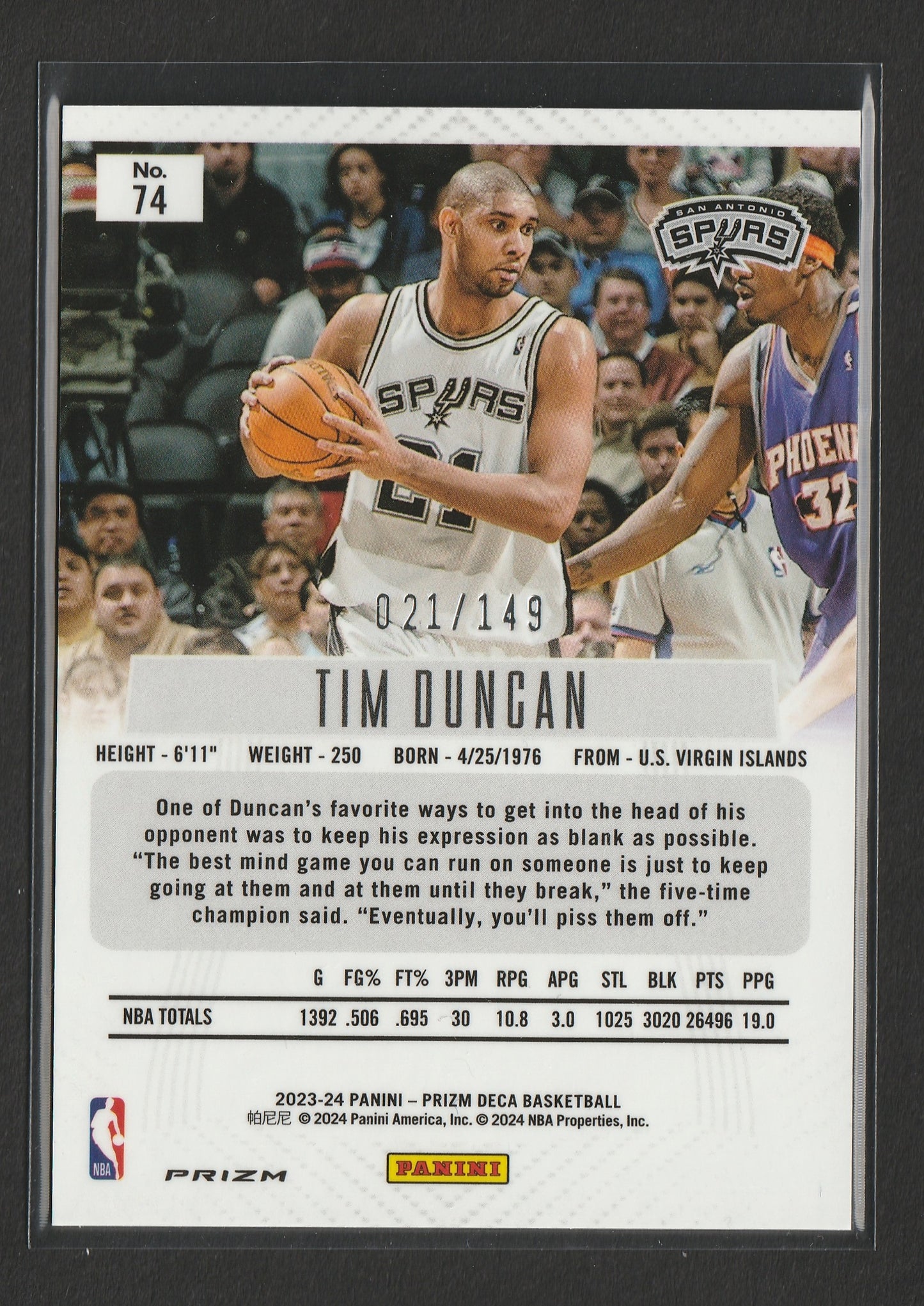 Tim Duncan 2023-24 Panini Prizm Deca Blue Prizm 021/149 #74