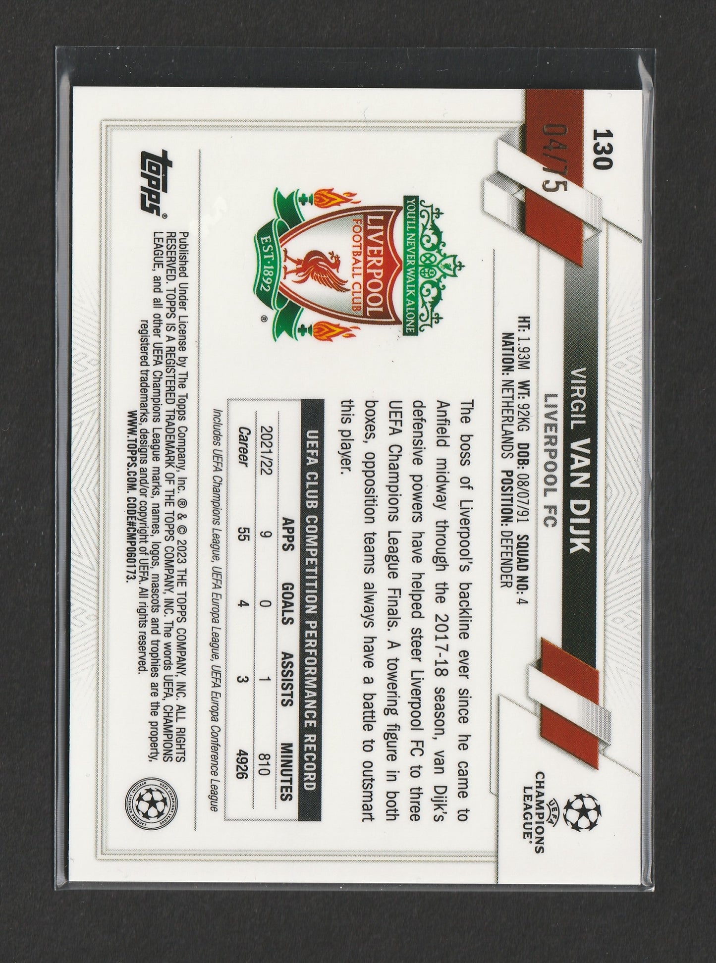 Virgil van Dijk 2022-23 Topps Chrome UEFA Club Competitions Blue & Gold Seismic Refractor 04/75 #130 Jersey Number !