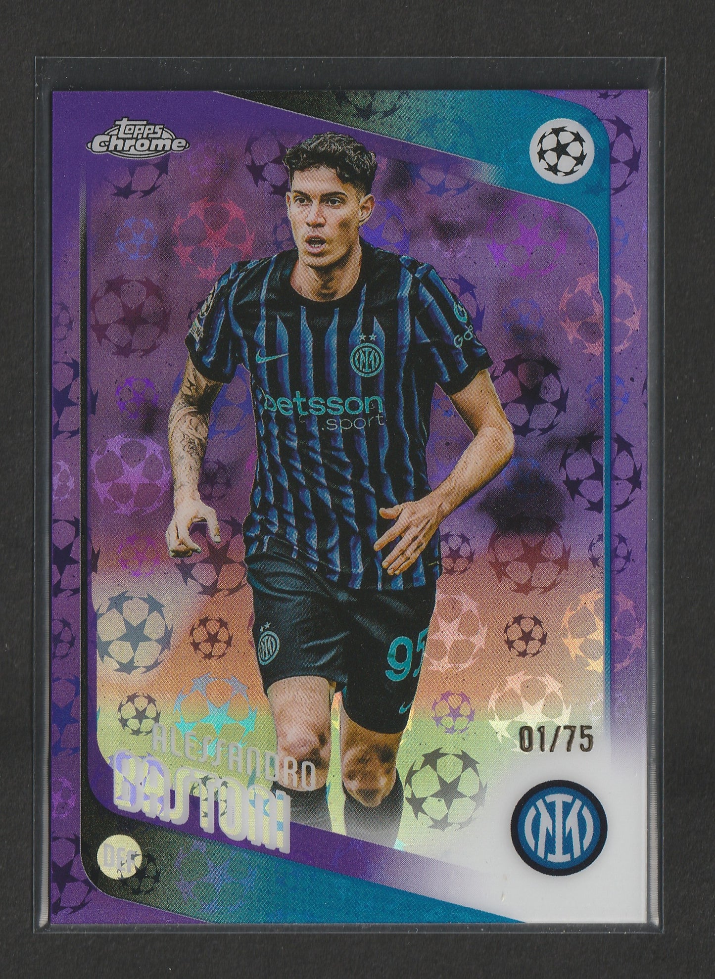Alessandro Bastoni 2025-26 Topps Chrome UEFA Club Competitions Purple X-Fractor 01/75 #143