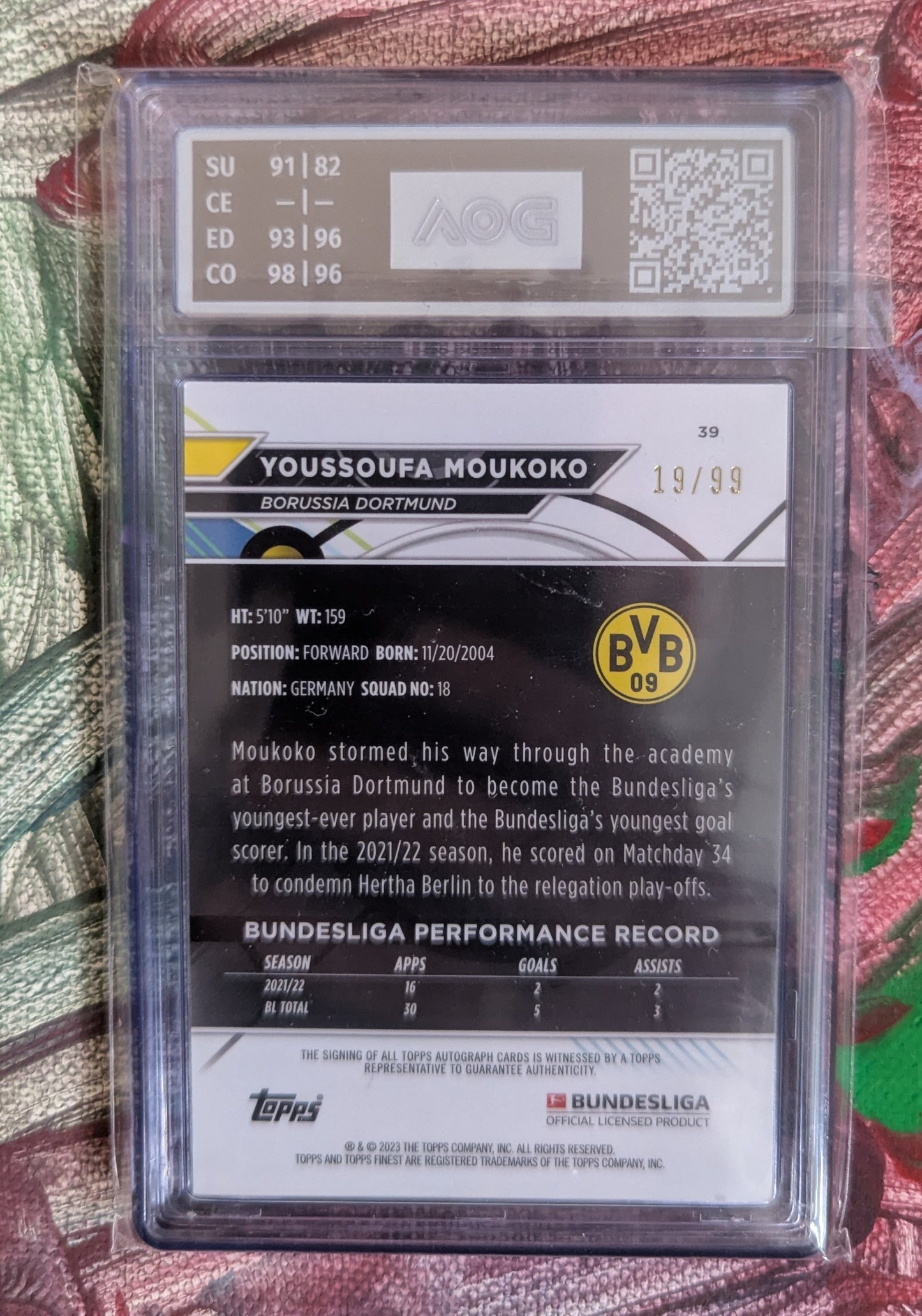 2022-23 Topps Finest Bundesliga - Purple Refractor - Youssoufa Moukoko 19/99, #39 - AOG 9