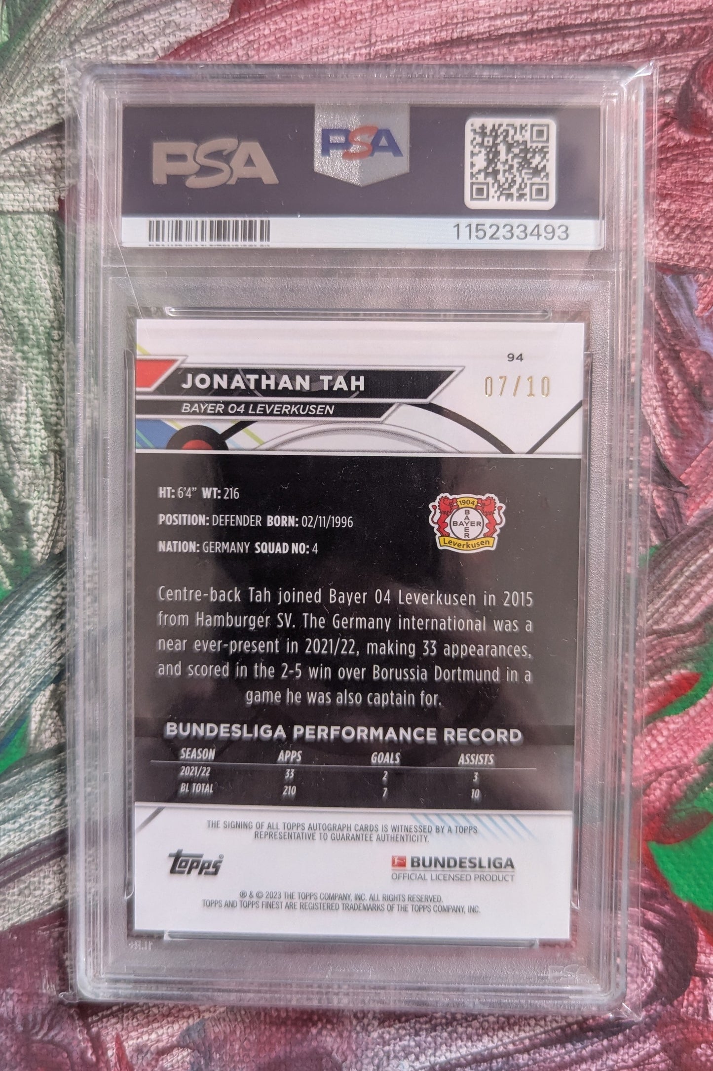 Jonathan Tah 2022/23 Topps Finest Bundesliga Orange Wave, PSA 10 #94 Pop 2 ! Fiedler24