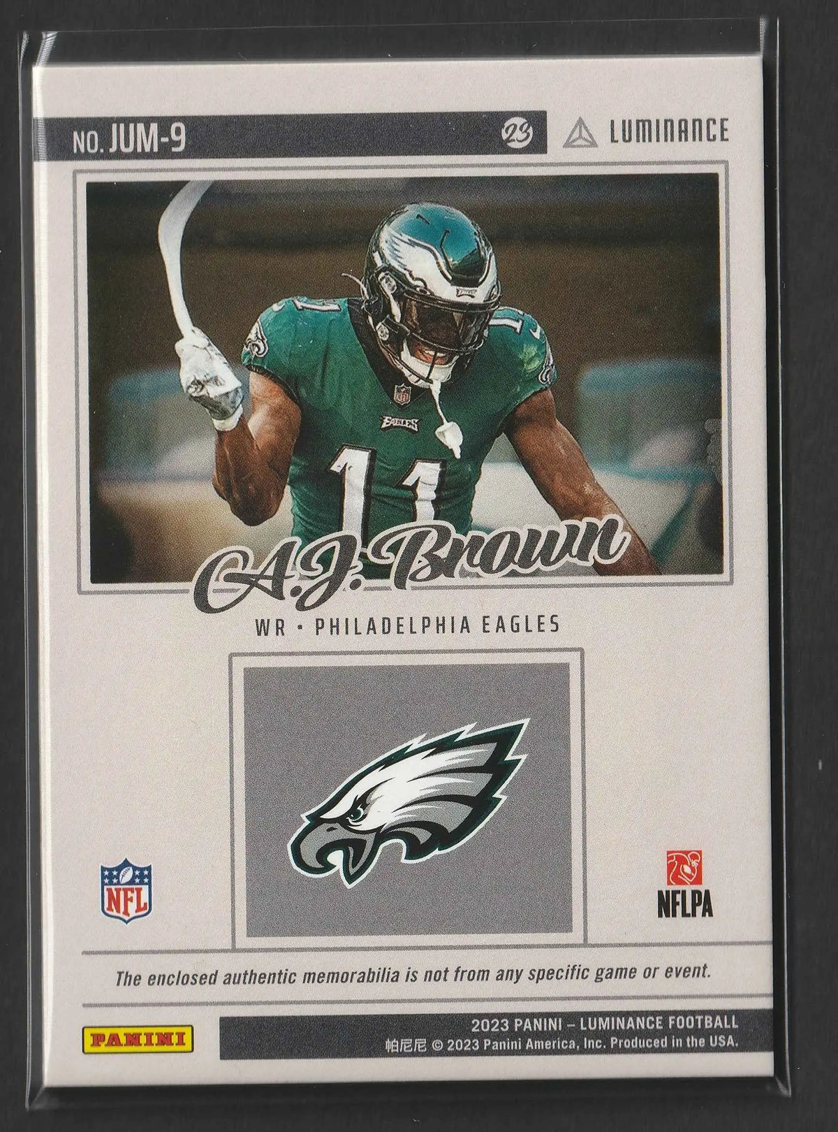 A green and white Philadelphia Eagles football trading card featuring A.J. Brown 2023 Panini Luminance Gold Jumbo Relics