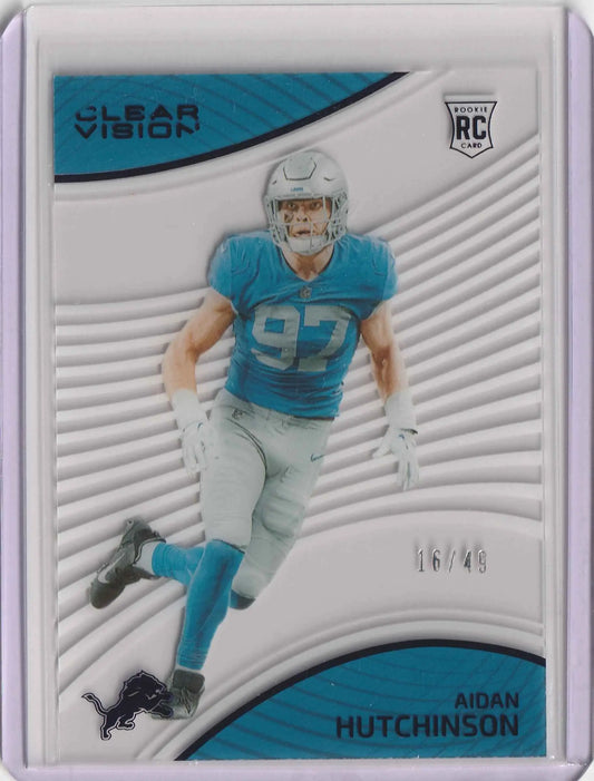 Aidan Hutchinson 2022 Panini Chronicles Clear Vision Rookies purple 16/49 #CVR-3 trading card in Detroit Lions blau-silber uniform nummer 97