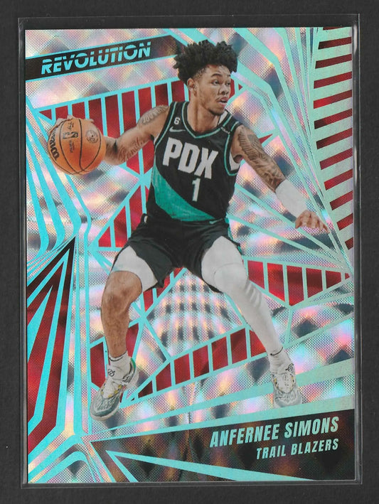 Anfernee simons 2023 24 panini revolution future frame basketball trading card mit holografischem rot und teal design