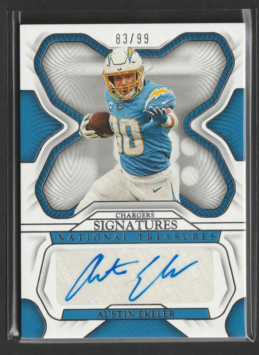 Blau weißer football trading card von austin ekeler im chargers trikot mit autograph 2022 panini national treasures 83 von 99