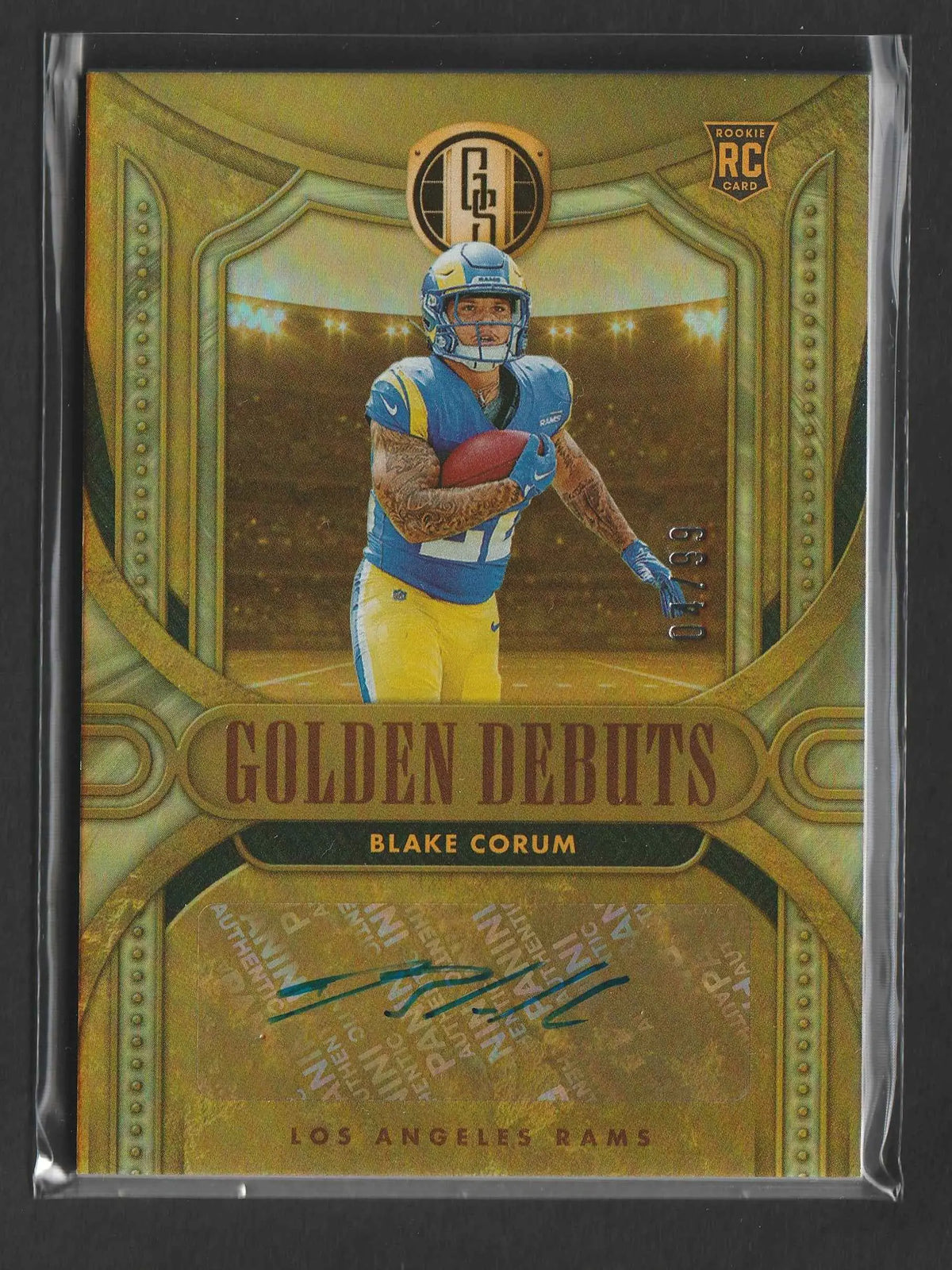 Golden-bordered rookie football trading card featuring blake corum in los angeles rams uniform with autograph