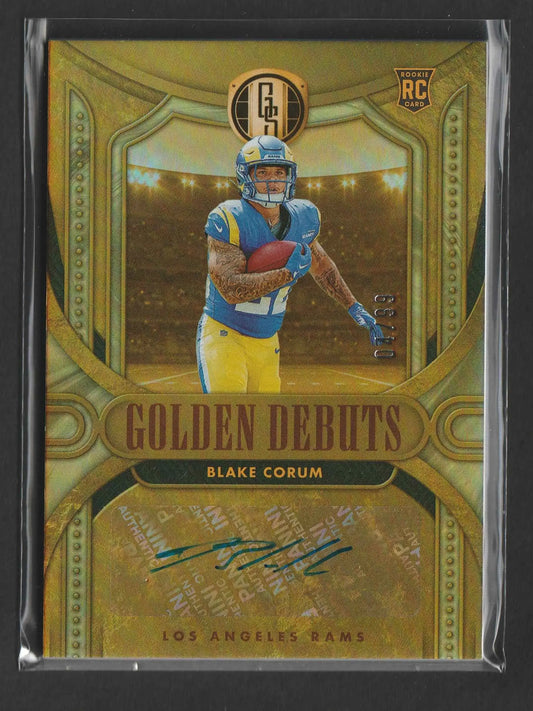 Golden-bordered rookie football trading card featuring blake corum in los angeles rams uniform with autograph