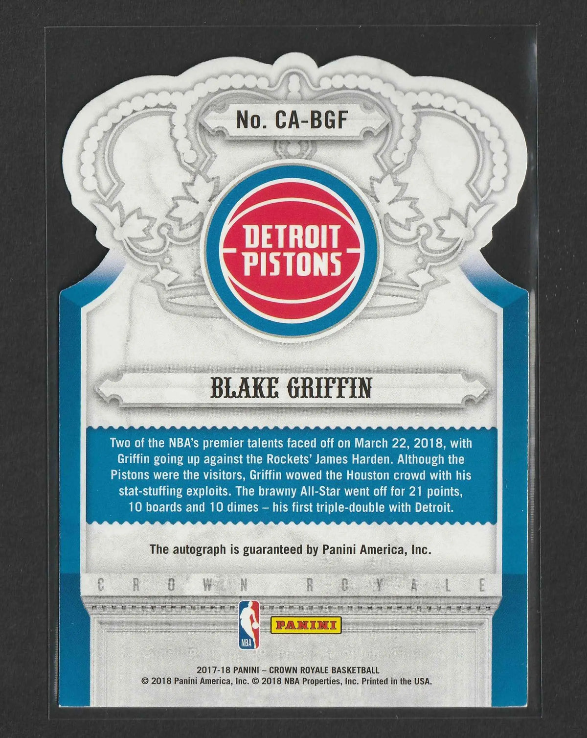Blake griffin 2017-18 panini crown royale autographs blue basketball trading card mit silber-blauem design und detroit pistons logo