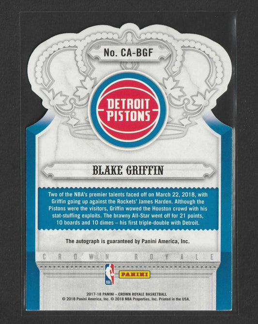 Blake griffin 2017-18 panini crown royale autographs blue basketball trading card mit silber-blauem design und detroit pistons logo