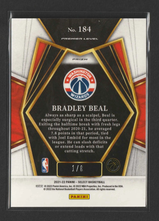 Black and red geometric basketball trading card featuring washington wizards logo labeled bradley beal 1 of 1 serial number