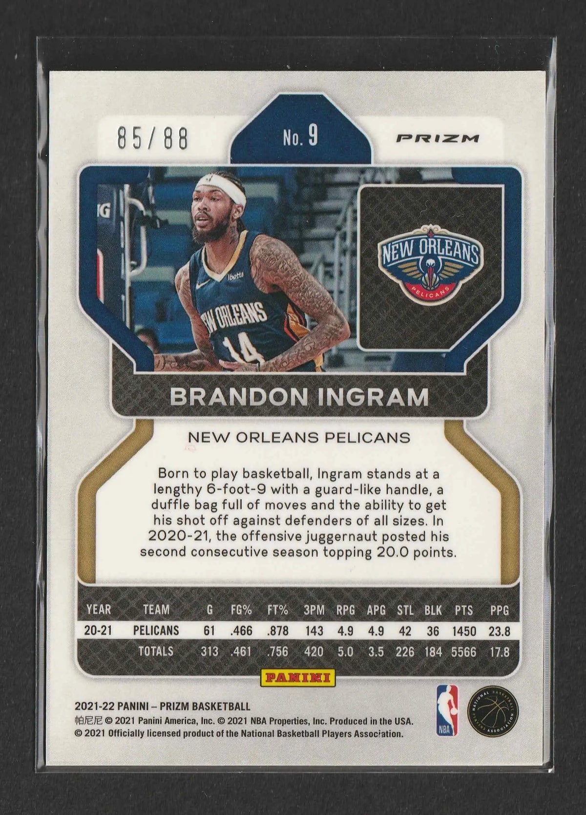 Brandon Ingram 2021-22 panini prizm basketball trading card in red prizm featuring him in New Orleans Pelicans jersey