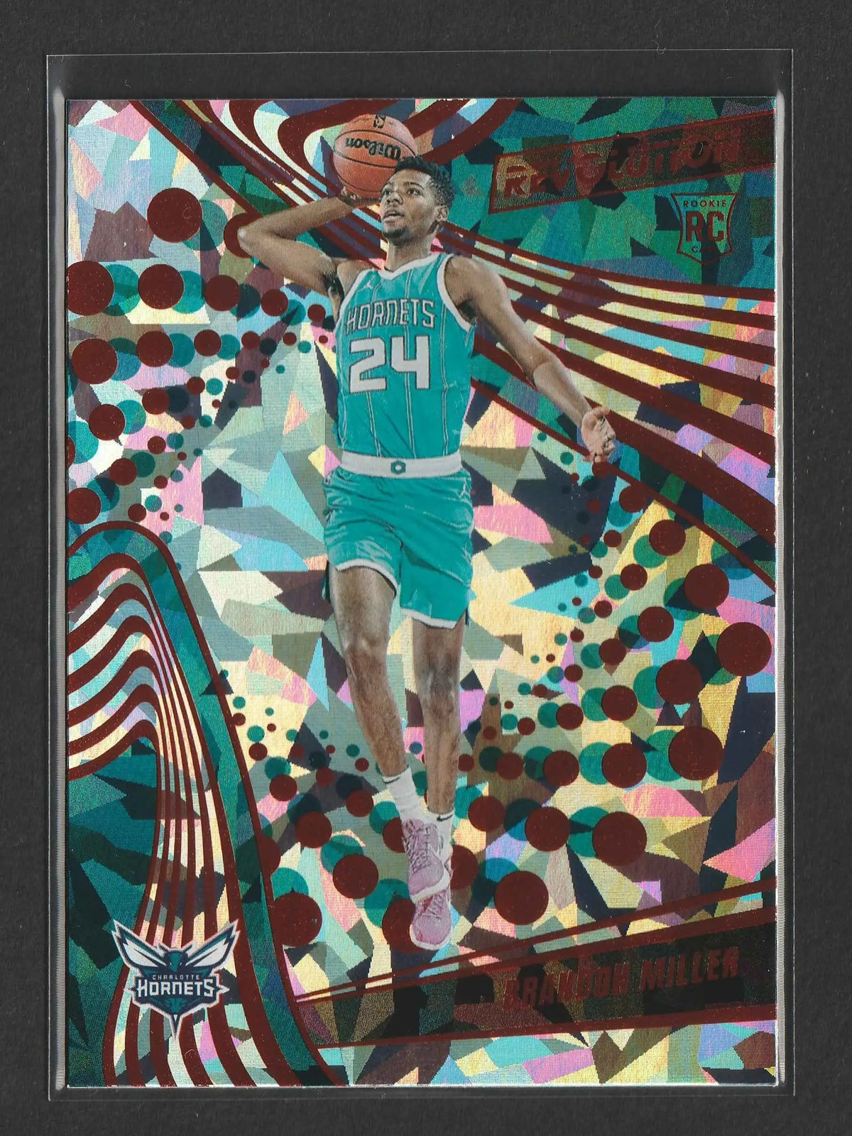 Ein lebendiger holografischer basketball-sammelkarte von brandon miller in teal-weißem charlotte hornets trikot nummer 24
