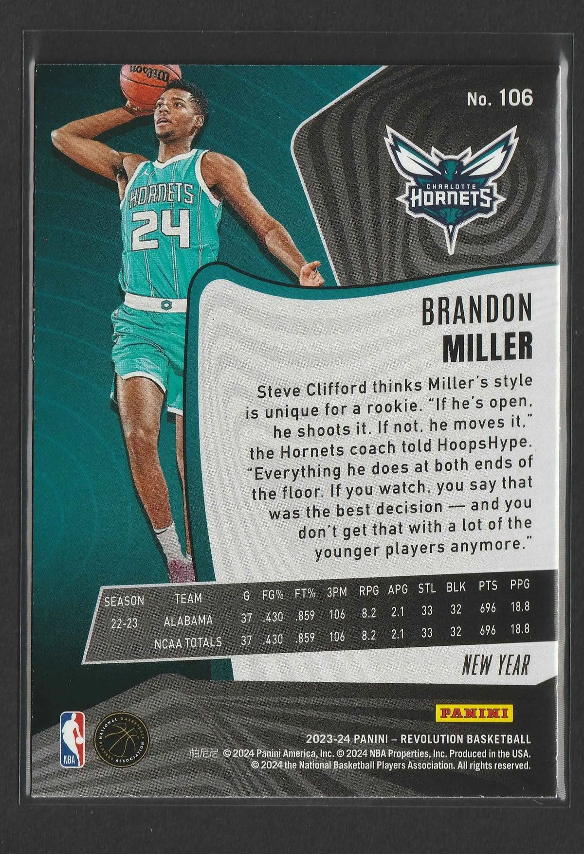 Dies ist eine teal und weiße charlotte hornets basketball trading card mit spieler brandon miller im trikot nummer 24