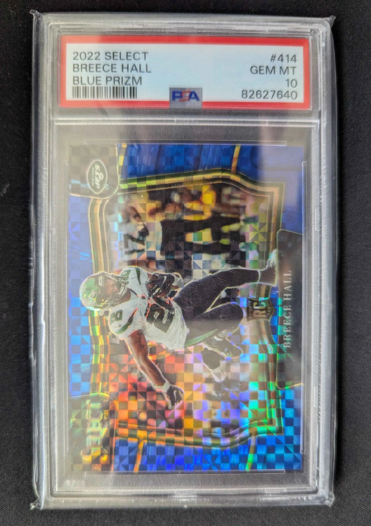 Breece hall 2022 panini select blue prizm football trading card nummer 13 von 49 in psa 10 gem mint schutzhülle