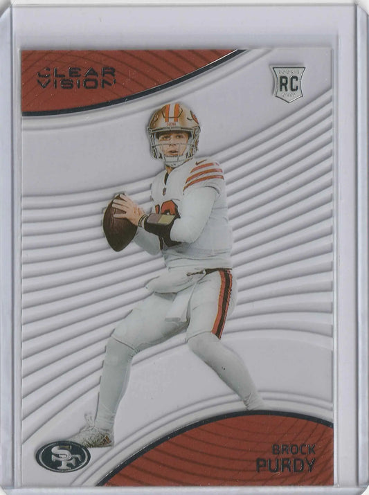 Brock purdy 2022 panini chronicles clear vision rookie card mit weißem und orangefarbenem design