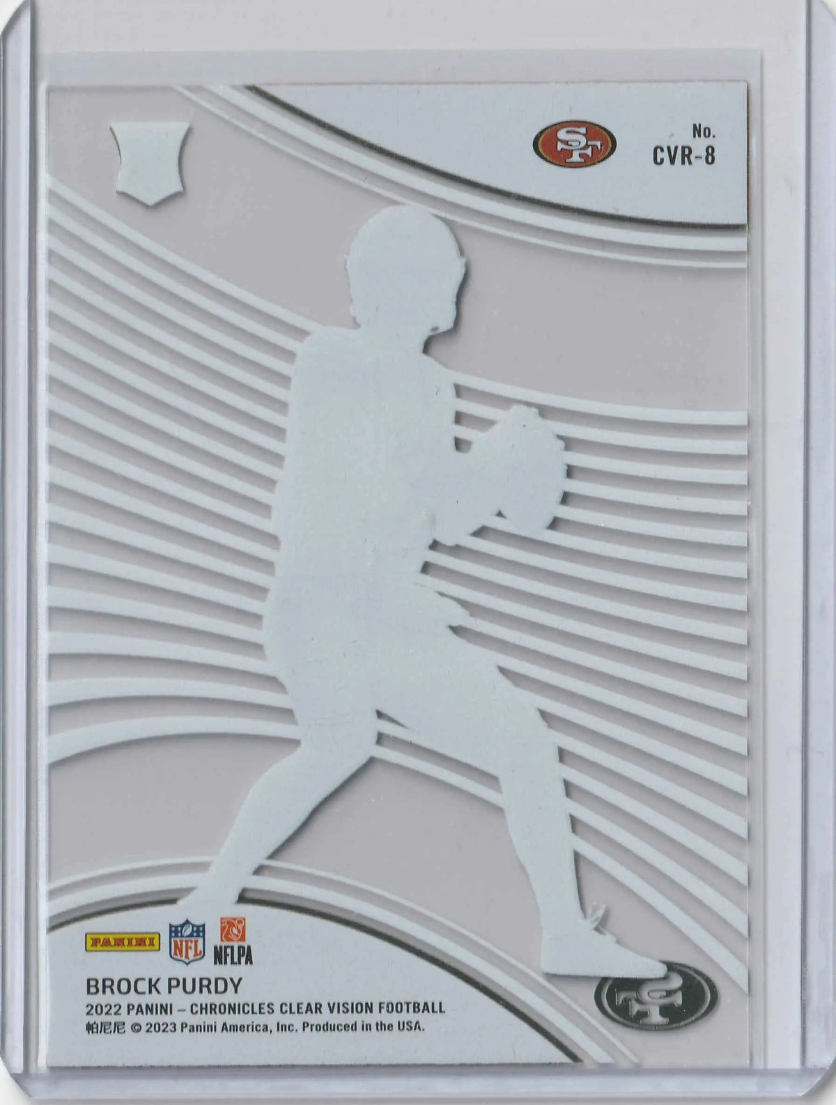 San francisco 49ers football trading card mit weißer silhouette von brock purdy vor silbernem strahlenmuster