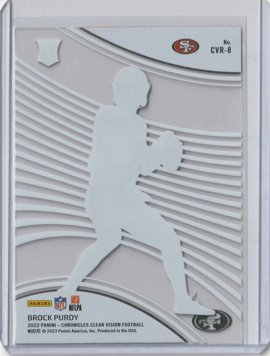 San francisco 49ers football trading card mit weißer silhouette von brock purdy vor silbernem strahlenmuster