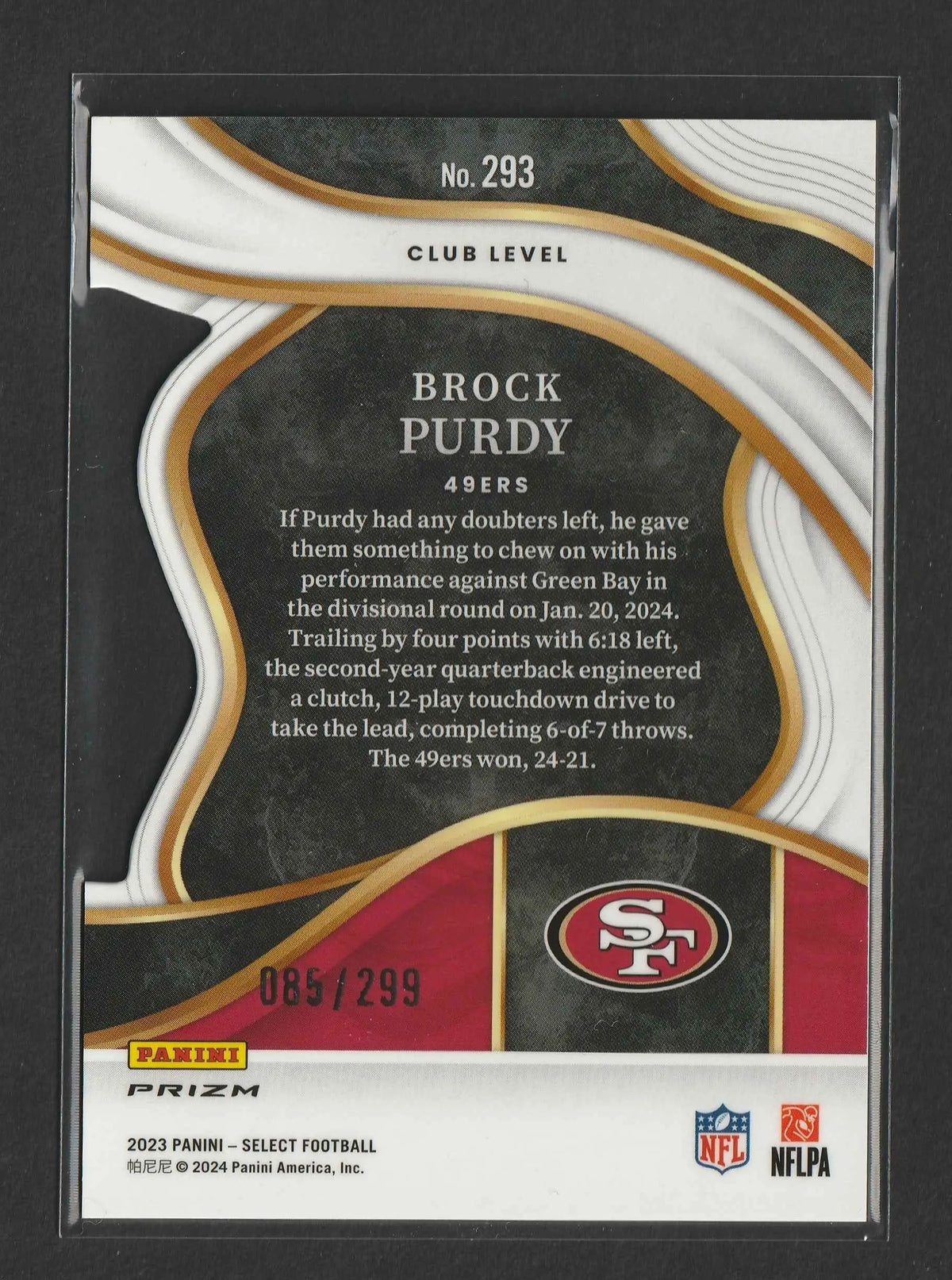 Schwarz, weiß und rot san francisco 49ers football trading card von brock purdy mit goldenen akzenten und kupfer prizm finish