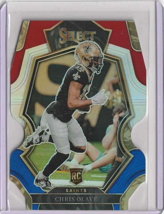 Dies ist eine glänzende rot und blau umrandete football trading card von chris olave im new orleans saints uniform
