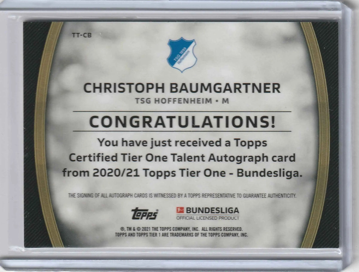 Silber-schwarze topps zertifizierte tier one autograph karte von christoph baumgartner von tsg hoffenheim