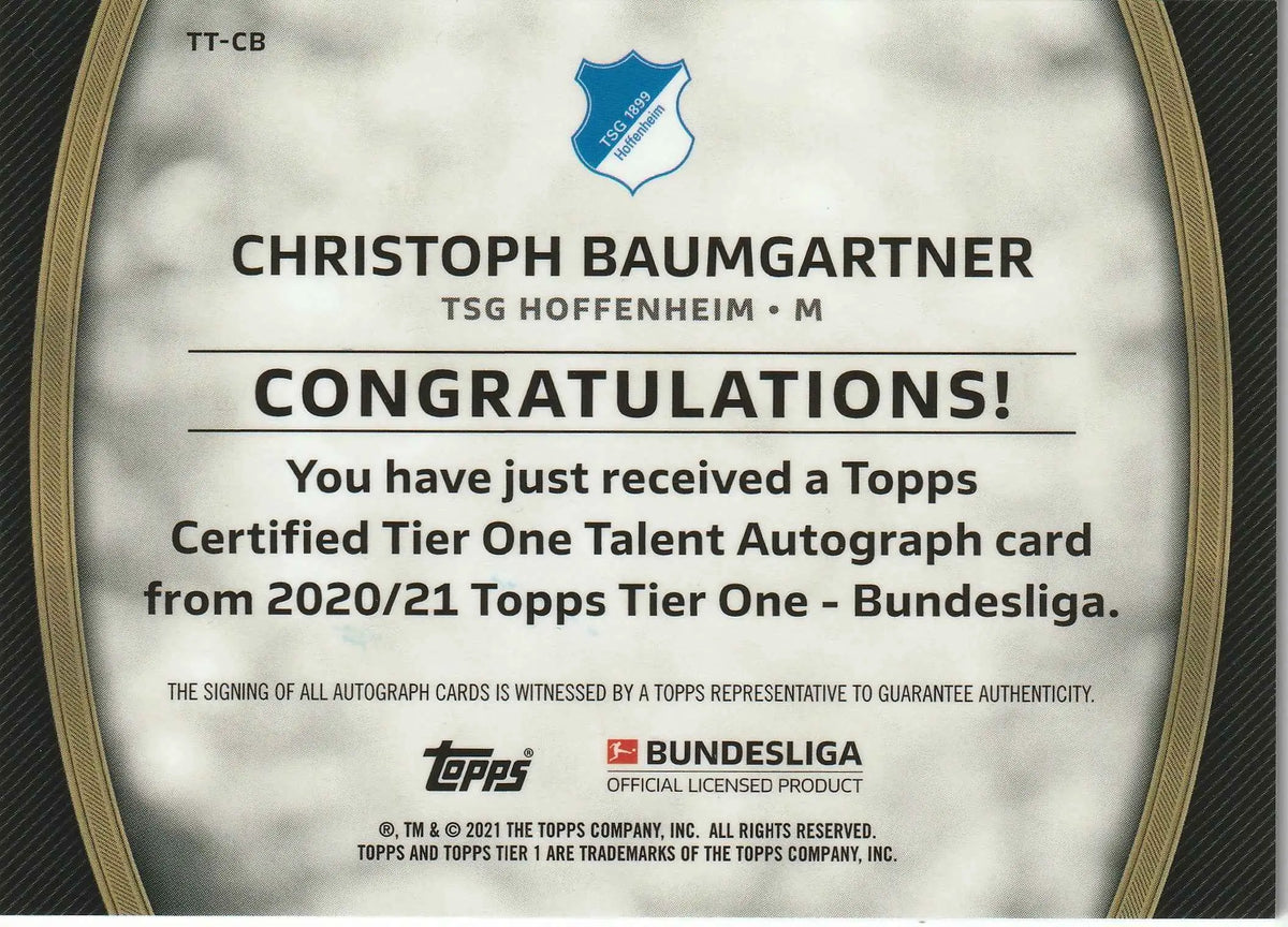 Silberne und schwarze tsg hoffenheim fußballkarte christoph baumgartner mit topps authentischer autograph 2020/21 saison