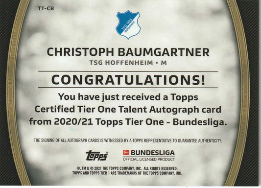 Silberne und schwarze tsg hoffenheim fußballkarte christoph baumgartner mit topps authentischer autograph 2020/21 saison