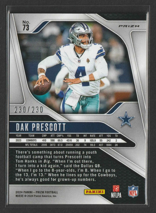 Silberne und blaue dallas cowboys football trading card mit quarterback dak prescott im teamtrikot 2024 panini prizm blue wave prizm 230/230 73