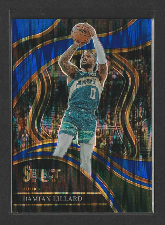 Damian lillard 2023-24 panini select blue flash prizm basketballkarte nummer 263 zeigt lillard im teal und weiß milwaukee bucks trikot mit ball