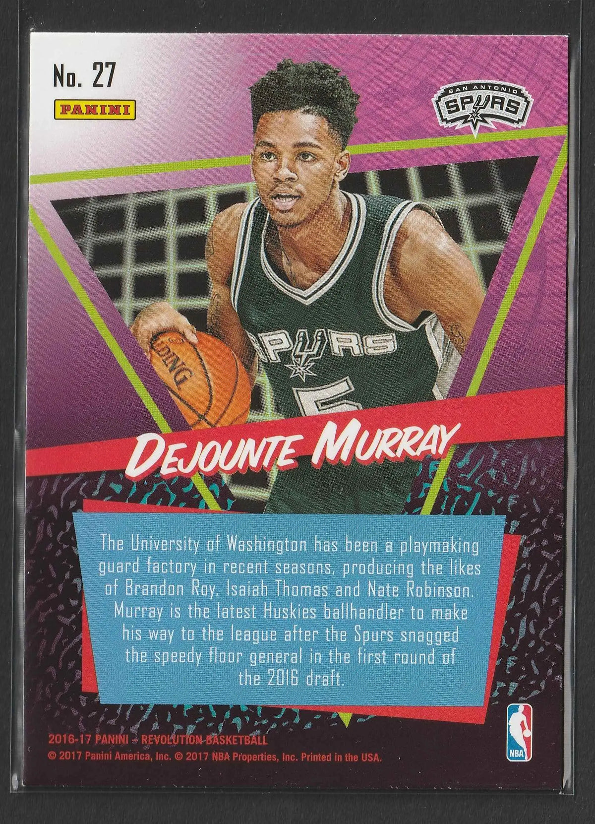 Dejounte murray 2016-17 panini revolution rookie revolution basketball trading card in dark green san antonio spurs jersey