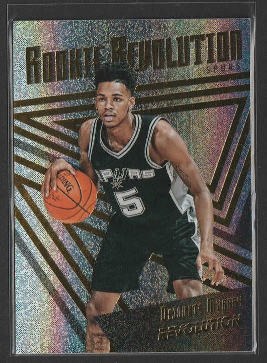 Black and silver san antonio spurs basketball trading card featuring demar derozan in action from rookie revolution series