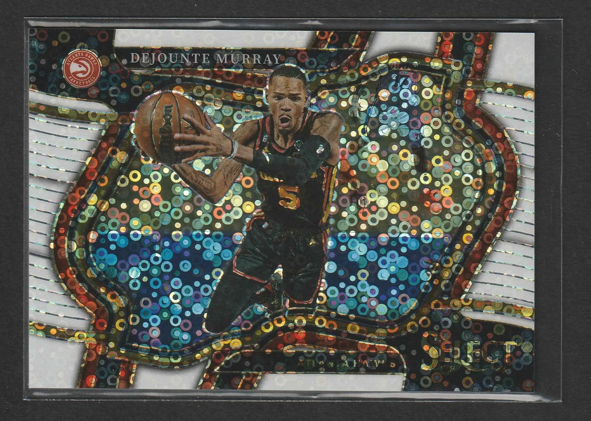 A vibrant mosaic-style dejounte murray trading card in a black atlanta hawks jersey from panini select prizm 43/75