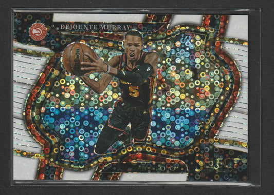 A vibrant mosaic-style dejounte murray trading card in a black atlanta hawks jersey from panini select prizm 43/75
