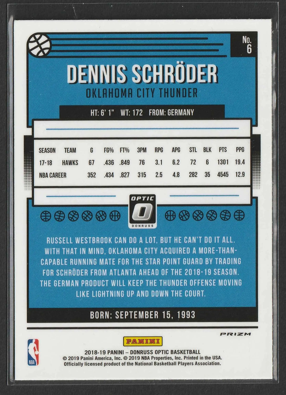 Blau-weiße basketball trading card von dennis schröder oklahoma city thunder 2018-19 panini donruss optic white sparkle prizm nummer 6
