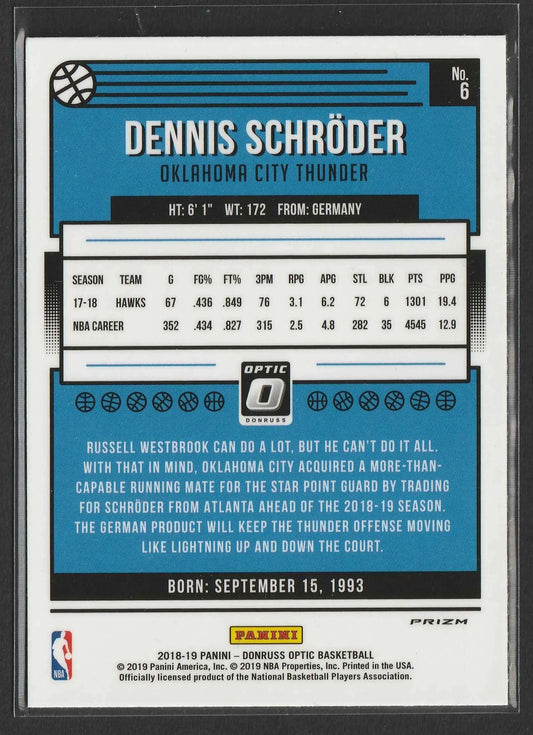 Blau-weiße basketball trading card von dennis schröder oklahoma city thunder 2018-19 panini donruss optic white sparkle prizm nummer 6