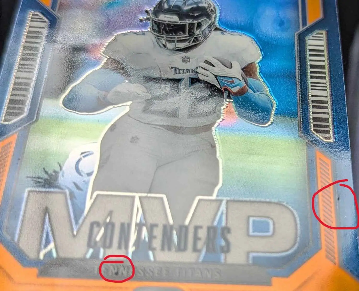 Dieser derrick henry 2023 panini contenders optic mvp orange prizm trading card zeigt einen titans spieler auf holografischem blau orange hintergrund